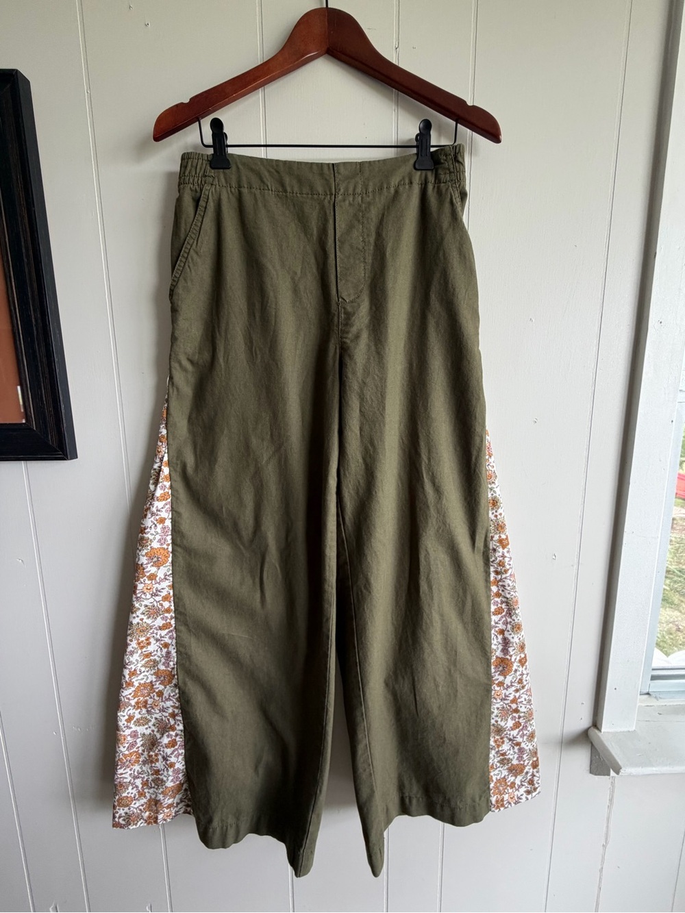 Upcycled Olive Wide-Leg Chinos with Floral Side Panels